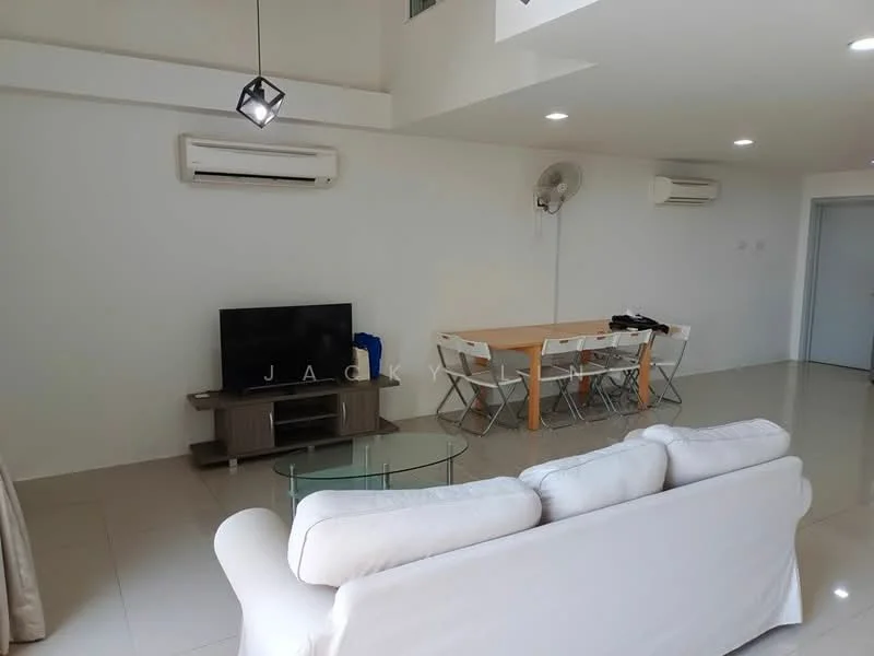 Living features: white fabric sofa, glass coffee table, wood TV console, wall-mounted TV, 6-seater dining table, white dining chairs, 2 wall-mounted split AC units, ceiling fan, recessed LED downlights, cream tiled flooring, white painted walls; style: modern.