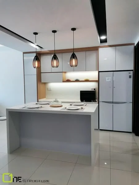 Kitchen features: white cabinetry with flat-panel design, island countertop with overhang, stainless-steel fridge, built-in oven, 4-burner gas hob, black pendant lights, white tiled backsplash, ceramic tile flooring, recessed LED downlights, open shelving, dining plates and cutlery on countertop; style: modern.