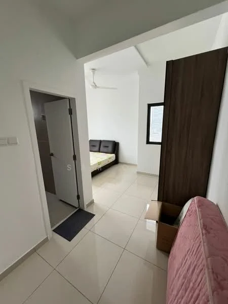 Room features: white painted walls, tile flooring, ceiling fan, window with blinds, double bed with upholstered headboard, built-in wardrobe, pink sofa, cardboard box; style: modern.