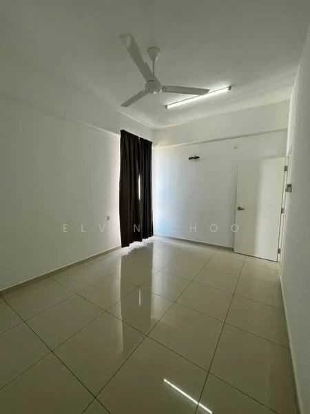 Room features: white painted walls, glossy ceramic tile flooring, 5-blade ceiling fan, window with sheer curtains, door with handle, recessed ceiling lights; style: modern.
