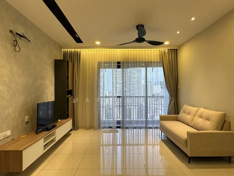 Living features: light grey accent wall, white painted walls, polished ceramic tile flooring, 5-blade ceiling fan with light, recessed downlights, floor-to-ceiling windows, sheer curtains, sofa in beige, TV console with storage, wall-mounted TV; style: modern; view: city.