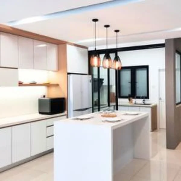 Kitchen features: white cabinetry with wood accents, island countertop with bar seating, stainless-steel fridge, built-in microwave, pendant lighting with three fixtures, white quartz countertop, ceramic tile flooring, recessed lighting, black framed windows, open shelving, modern faucet, sink, kitchen appliances, wall-mounted cabinets; style: modern.