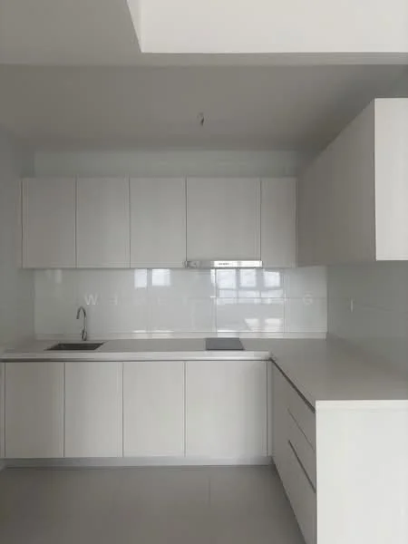 Kitchen features: white cabinetry, white countertop, stainless-steel sink, chrome pull-down faucet, built-in oven, induction hob, white tiled backsplash, recessed downlights, floor-to-ceiling cabinets, minimalist design, grey tile flooring; style: modern.