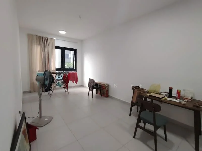 Room features: white painted walls, tile flooring, large window with black frame, sheer curtains, ceiling light, standing fan, folding drying rack, wooden table, two wooden chairs, decorative items on table; style: minimalist; view: garden.