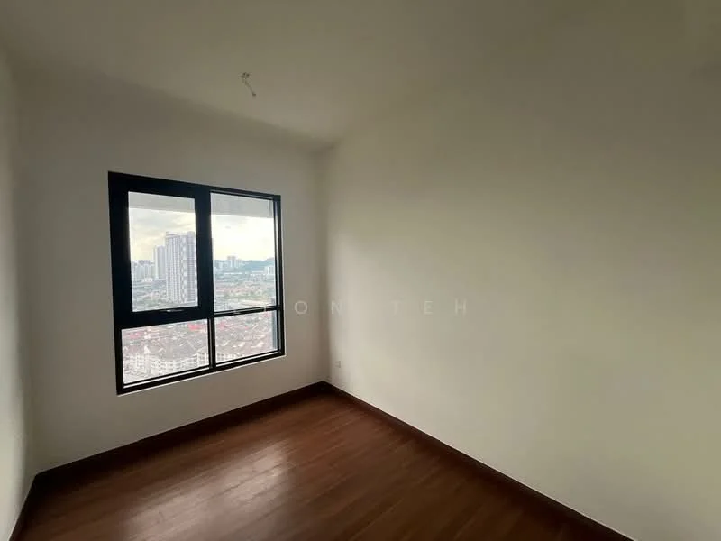 Room features: white painted walls, wooden flooring, floor-to-ceiling window, city view; view: city.