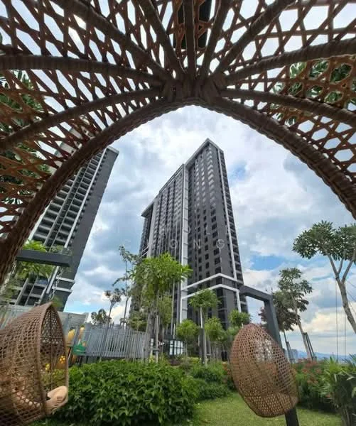 Exterior type: high-rise condominium; features: modern facade with dark cladding, surrounded by landscaped garden, mature trees, manicured lawn, outdoor seating area with wicker chairs, city skyline view in background; style: modern.