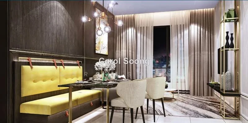 Dining features: yellow upholstered bench seating, 4 upholstered dining chairs in cream, black dining table with marble top, floor-to-ceiling windows, sheer curtains, decorative wall art, wood paneling on walls, recessed downlights, wooden flooring, vase with flowers on table, gold metal accents in decor; style: modern; view: city.
