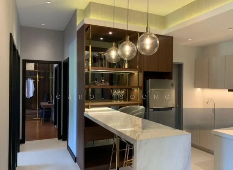 Kitchen features: marble countertop, wood cabinetry, stainless-steel fridge, glass pendant lights, open shelving, bar seating, recessed lighting, white tile flooring, grey accent wall; style: modern. Room features: wooden door, dark wood flooring, built-in wardrobe, wall-mounted mirror.