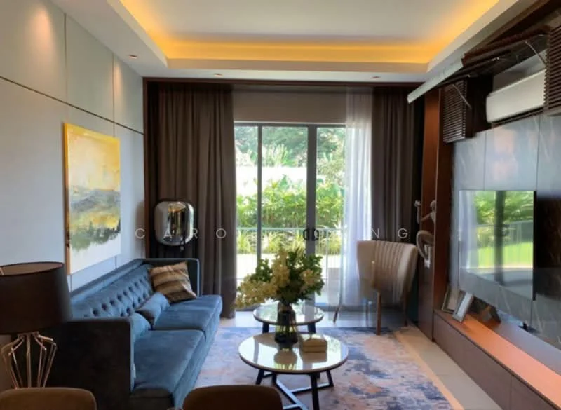 Living features: 3-seater fabric sofa in blue, coffee table with glass top, wall-mounted TV, entertainment unit with wooden finish, floor-to-ceiling windows, sheer curtains, dark brown curtains, decorative wall art, area rug with geometric pattern, recessed downlights, ceiling with cove lighting, potted plants; style: modern; view: garden.