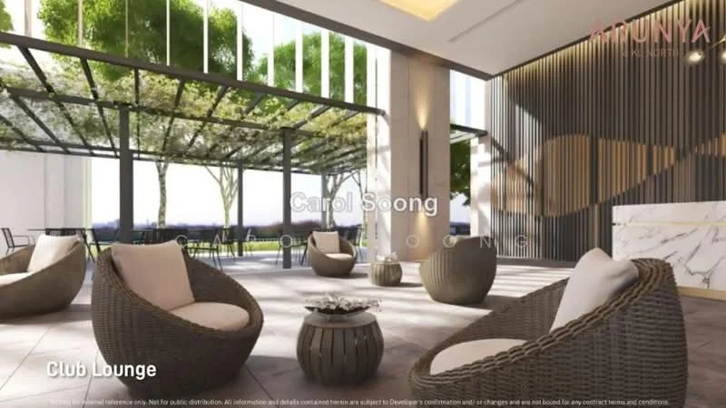 Room features: woven rattan lounge chairs, round wooden coffee table, marble countertop, large floor-to-ceiling windows, indoor plants, decorative wall paneling, high ceiling, natural light, open layout, neutral color palette; style: modern; view: garden.
