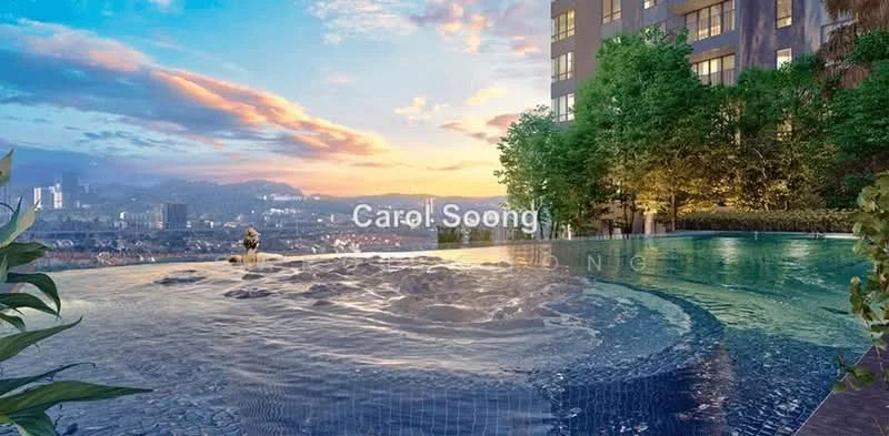 Exterior type: high-rise condominium; features: infinity pool, pool deck with loungers, surrounded by greenery, city skyline view, water feature, landscaped garden; style: modern.