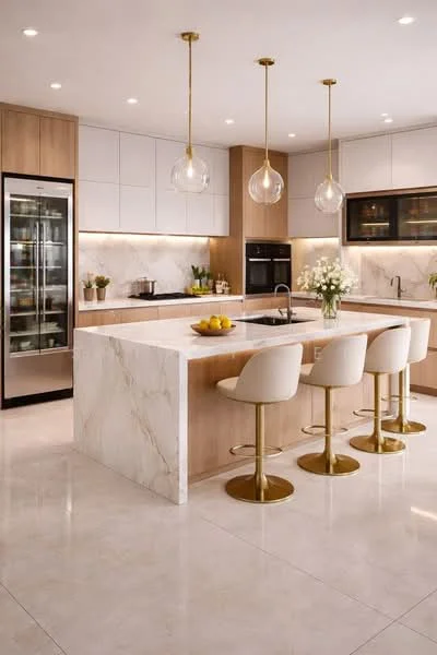 Kitchen features: marble countertop, white cabinetry, wood paneling, stainless-steel refrigerator, built-in oven, sink with chrome faucet, pendant lighting, bar stools with gold bases, recessed downlights, backlit cabinetry, ceramic tile flooring, decorative vase with flowers, fruit bowl with lemons, open shelving; style: modern.