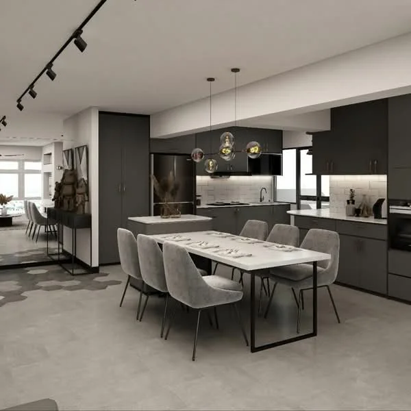 Kitchen features: grey cabinetry, white marble countertop, black sink, chrome pull-down faucet, built-in oven, stainless-steel fridge, ceramic tile backsplash, pendant lighting with glass orbs, open shelving, 4-seater dining table, upholstered dining chairs in grey, track lighting, floor-to-ceiling windows, grey tile flooring; style: modern; view: city.