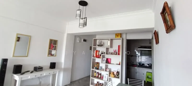 Living features: white painted walls, grey tiled flooring, 5-blade ceiling fan with light, decorative wall shelves, framed artwork on walls, TV console, freestanding speaker, mirror on wall, decorative items on shelves, open layout to kitchen, recessed lighting; style: modern. Kitchen features: kitchen cabinetry, stainless-steel sink, built-in stove, tile backsplash, open layout to living area; style: modern.