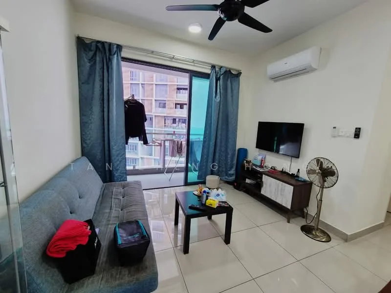 Living features: grey fabric sofa, wall-mounted TV, wooden TV console, white walls, sliding glass door, floor-to-ceiling windows, curtains in blue, ceiling fan, wall-mounted air conditioning unit, ceramic tile flooring, decorative fan, coffee table, laundry basket; style: modern.