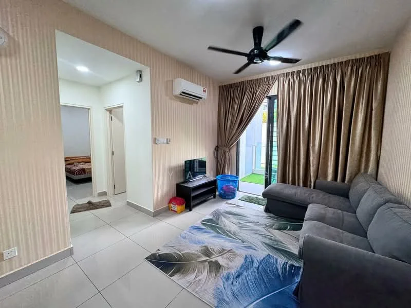 Living features: 3-seater fabric sofa in grey, ceiling fan with light, wall-mounted TV, TV console, area rug with tropical pattern, sliding glass door, floor-to-ceiling windows, curtains, air conditioning unit, tile flooring, decorative wall with vertical stripes; style: modern; view: garden. Room features: doorway leading to bedroom, light-colored walls, carpeted flooring.