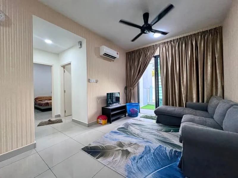 Living features: grey fabric L-shape sectional sofa, wall-mounted TV, ceiling fan with light, recessed downlights, large window with sheer curtains, sliding glass door, tile flooring, decorative area rug with leaf pattern, wall-mounted air conditioning unit, cream painted walls, curtains in beige, open layout to adjacent room; style: modern; view: garden. Room features: doorway leading to bedroom, tile flooring, cream painted walls.