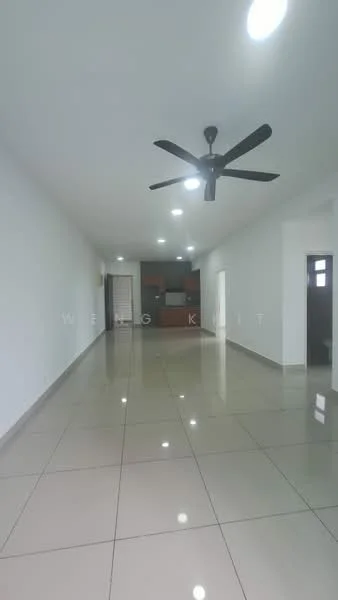 Living features: white painted walls, glossy ceramic tile flooring, 5-blade ceiling fan with light, recessed LED downlights, open layout, large space, neutral color scheme, wall-mounted TV console; style: modern.