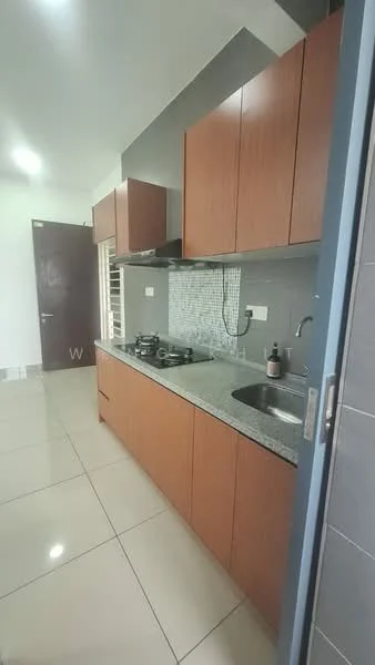 Kitchen features: brown wooden cabinetry, granite countertop, stainless-steel sink, chrome pull-down faucet, built-in gas stove, wall-mounted range hood, grey mosaic tile backsplash, ceramic tile flooring, recessed downlights; style: modern.