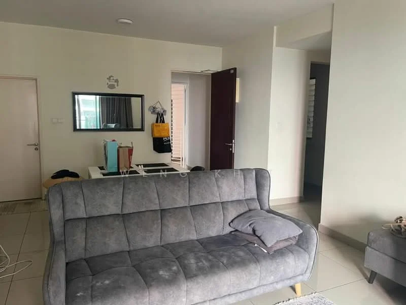 Living features: grey fabric sofa, coffee table, wall-mounted mirror, light-colored walls, tile flooring, doorway leading to another room, window with sheer curtains, decorative wall art; style: modern. Room features: doorway, light-colored walls, tile flooring.