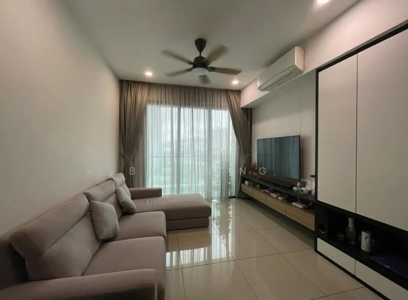 Living features: 3-seater fabric sofa in light grey, sectional sofa, floor-to-ceiling windows, sheer curtains, wall-mounted TV, TV console with storage, recessed downlights, ceiling fan, glossy tile flooring, decorative wall paneling, air conditioning unit; style: modern; view: city.