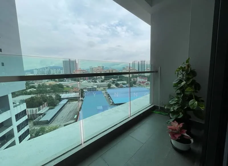 Balcony features: glass railing, floor-to-ceiling windows, outdoor plant in pot, city view, grey tiled flooring; style: modern; view: city.