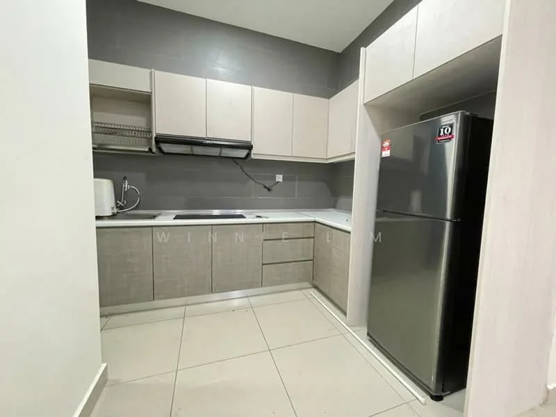 Kitchen features: grey tiled backsplash, light grey cabinetry, stainless-steel fridge, built-in oven, 4-burner gas hob, single-bowl stainless-steel sink, chrome pull-down faucet, white countertop, wall-mounted range hood, ceramic tile flooring, open shelving, microwave, kitchen utensils rack; style: modern.