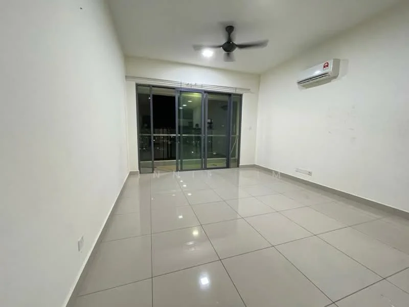 Living features: white painted walls, glossy ceramic tile flooring, 5-blade ceiling fan with light, sliding glass door, floor-to-ceiling windows, wall-mounted split AC, neutral color scheme, no visible furniture; style: modern; view: city.