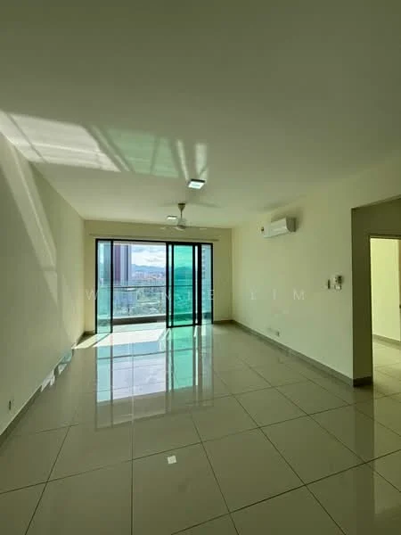 Living features: large floor-to-ceiling windows, sliding glass door, white painted walls, polished ceramic tile flooring, 5-blade ceiling fan with light, wall-mounted split AC, natural light from windows, neutral color scheme; style: modern; view: city.