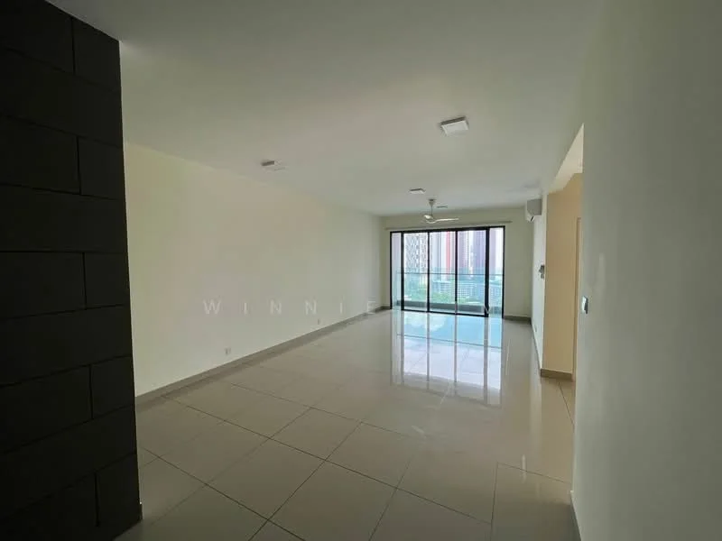 Living features: white painted walls, glossy ceramic tile flooring, 5-blade ceiling fan with light, floor-to-ceiling windows, sliding glass door, balcony access, neutral color scheme, no visible furniture; style: modern; view: city.