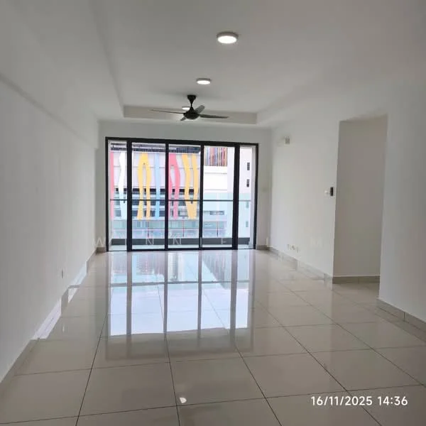 Living features: white painted walls, glossy ceramic tile flooring, 5-blade ceiling fan with light, floor-to-ceiling windows, sliding glass door, balcony access, neutral color scheme, recessed downlights; style: modern; view: city.