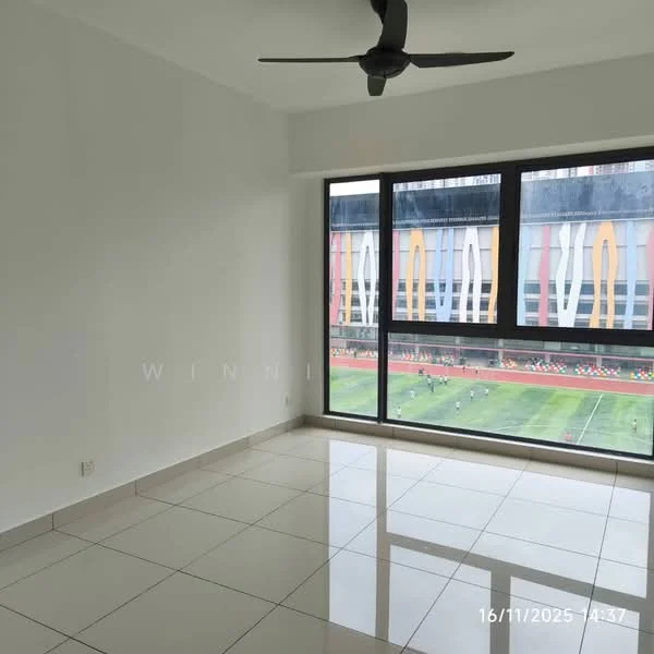 Room features: white painted walls, glossy ceramic tile flooring, floor-to-ceiling windows, city view, ceiling fan; style: modern; view: city.