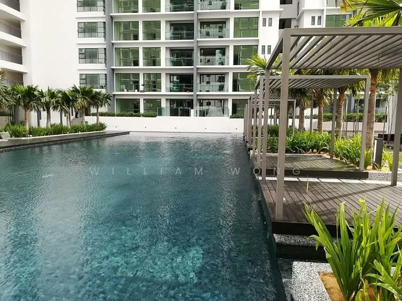 Exterior type: swimming pool deck; features: infinity pool, wooden deck area, landscaped garden with plants, palm trees, modern architecture, surrounding residential building, poolside loungers; style: modern.