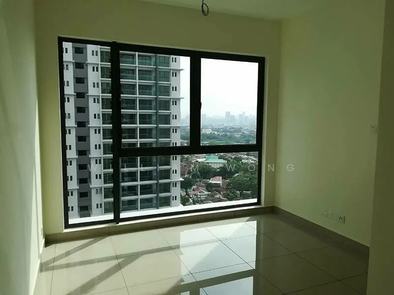 Room features: large floor-to-ceiling windows, city skyline view, cream painted walls, glossy ceramic tile flooring, natural light from windows, neutral color scheme; style: modern; view: city.