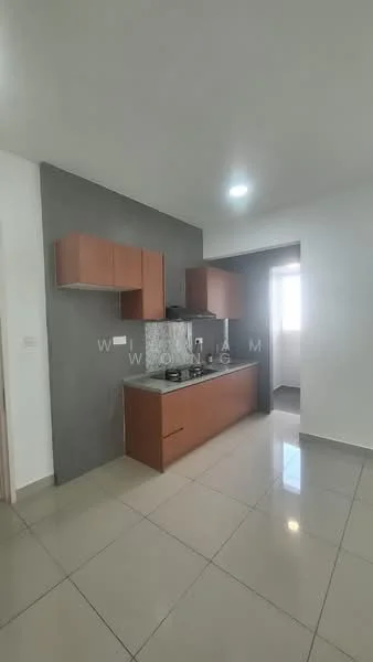 Kitchen features: brown wooden cabinetry, grey accent wall, white backsplash, stainless-steel gas hob, built-in range hood, grey countertop, ceramic tile flooring, recessed LED downlights, single-bowl stainless-steel sink, window with natural light; style: modern.