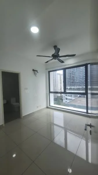 Room features: white painted walls, glossy tile flooring, 5-blade ceiling fan, floor-to-ceiling windows, city view, natural light from windows, light fixture on ceiling, sliding door; style: modern; view: city.