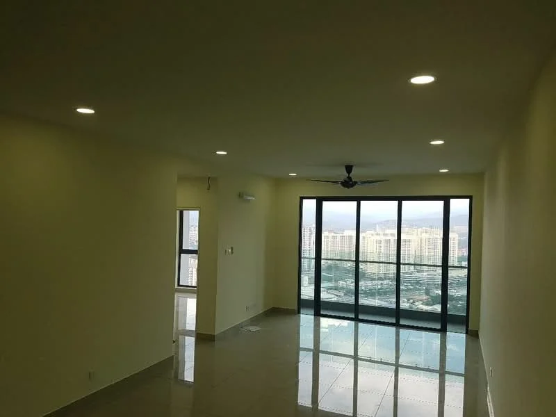 Living features: cream painted walls, polished tile flooring, 5-blade ceiling fan with light, floor-to-ceiling windows, city view, recessed LED downlights; style: modern; view: city.