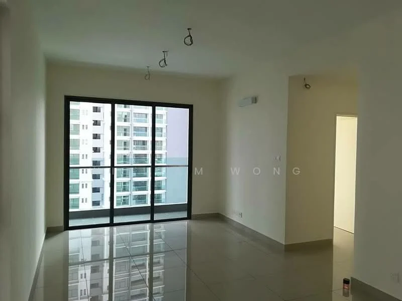 Living features: white painted walls, glossy ceramic tile flooring, floor-to-ceiling windows, sliding glass door, track lighting, neutral color scheme, balcony view, open layout; style: modern; view: city.