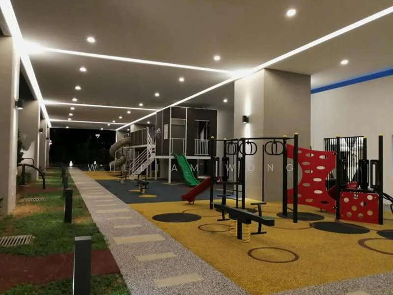 Exterior type: playground; features: playground equipment, slide, climbing structure, swing set, exercise stations, rubberized flooring, landscaped area, outdoor lighting, covered area, safety barriers; style: modern.