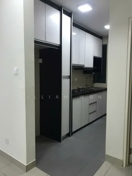 Kitchen features: white cabinetry with flat-panel doors, black countertop, stainless-steel sink, built-in oven, stainless-steel range hood, 4-burner gas hob, grey tiled flooring, recessed LED downlights, wall-mounted cabinets, open shelving, window for natural light; style: modern.
