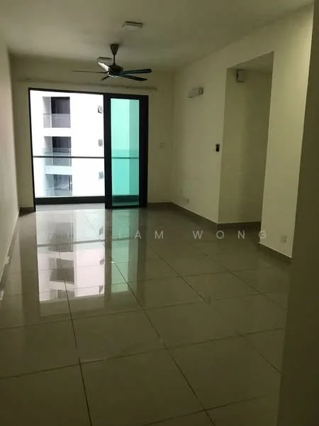 Room features: white painted walls, glossy ceramic tile flooring, 5-blade ceiling fan, floor-to-ceiling sliding glass door, balcony access, air conditioning unit, neutral color scheme, no visible furniture; style: modern.
