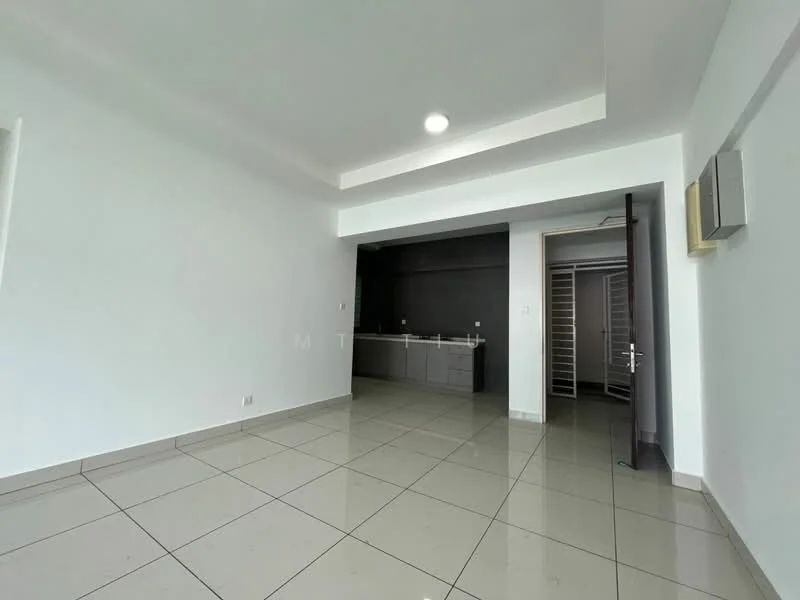 Living features: white painted walls, polished ceramic tile flooring, tray ceiling, recessed downlights, 1 wall-mounted split AC, open layout to kitchen, large windows, neutral color scheme; style: modern. Kitchen features: kitchen cabinetry, countertop, appliances, open layout to living area; style: modern.