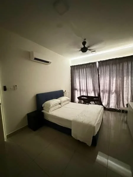 Bedroom features: queen-size bed, upholstered headboard, 2 bedside tables, ceiling fan, wall-mounted split AC, floor-to-ceiling windows, sheer curtains, tile flooring, decorative wall light; style: modern.