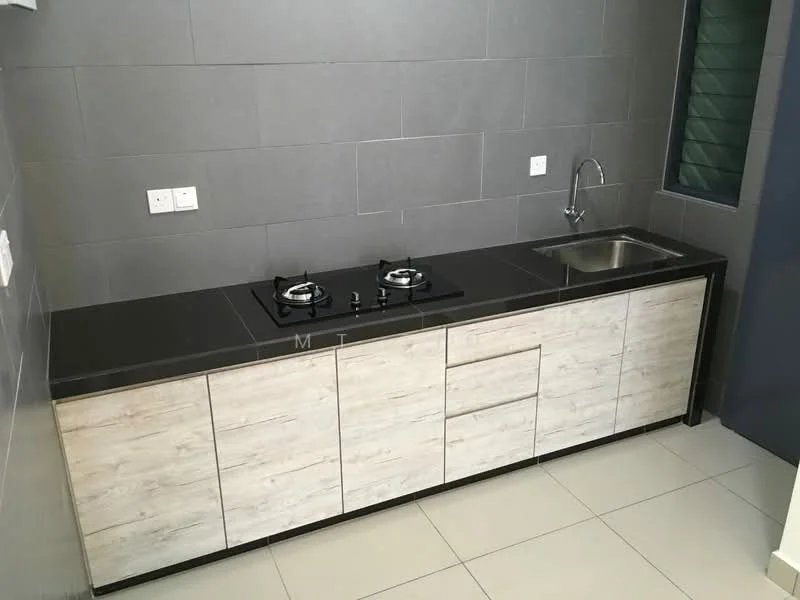 Kitchen features: black granite countertop, wood grain cabinetry, stainless-steel sink, chrome pull-down faucet, 2-burner gas hob, grey tiled walls, light grey floor tiles, built-in cabinetry; style: modern.