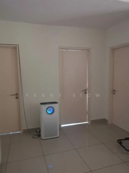Room features: cream painted walls, glossy tile flooring, two doors with light pink finish, one door with light pink finish, air purifier, power outlet, neutral ceiling, no visible furniture.