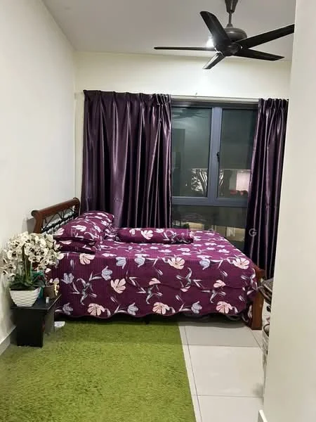 Bedroom features: queen-size bed with floral bedding, dark purple curtains, floor-to-ceiling windows, green area rug, wooden bed frame, ceiling fan, decorative plant in pot, white painted walls, tile flooring; style: modern.