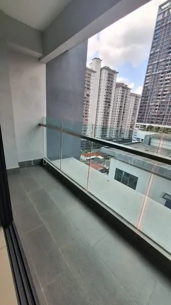 Balcony features: glass railing, grey tiled flooring, city view, overhead ceiling, exterior wall with grey paint, floor-to-ceiling sliding door; style: modern; view: city.