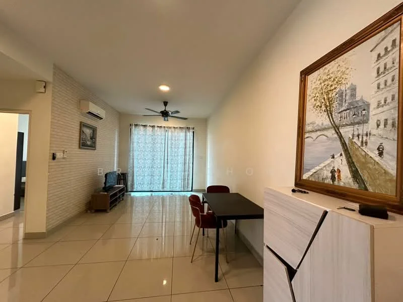 Living features: white painted walls, cream tiled flooring, 5-blade ceiling fan with light, floor-to-ceiling windows with sheer curtains, wall-mounted air conditioning unit, dining table with four red chairs, sideboard cabinet, decorative painting on wall, sofa, area rug; style: modern.