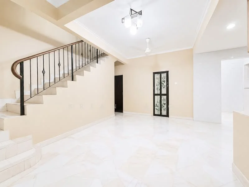 Room features: marble tile flooring, cream painted walls, staircase with wooden railing, recessed ceiling lights, ceiling fan, glass panel door, open layout, natural light from windows; style: modern.