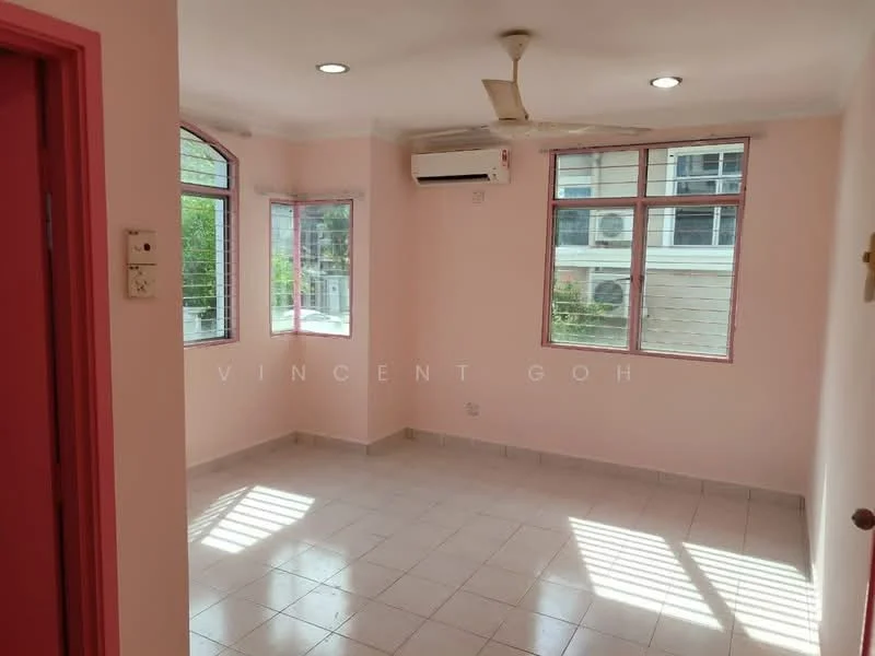 Room features: pink painted walls, white ceiling, tile flooring, 2 windows with grid design, 1 wall-mounted split AC, ceiling fan, natural light from windows, corner room layout; style: modern; view: garden.